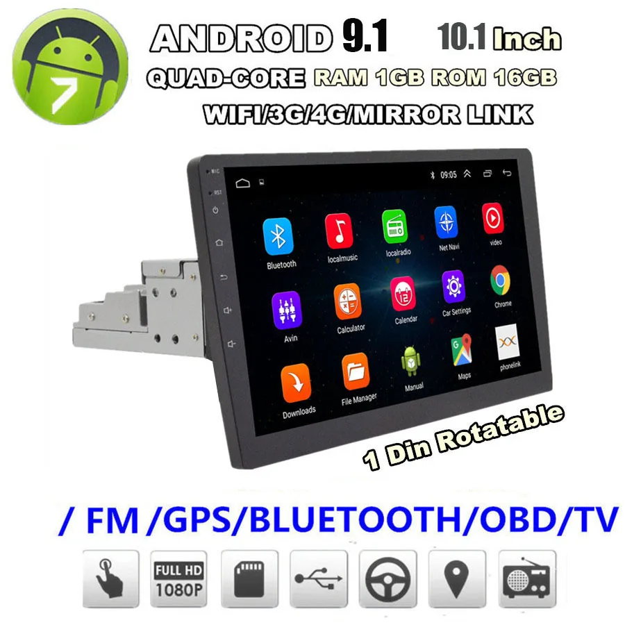 

1DIN Rotatable 10.1" Touch Screen Car Multimedia Android 9.1 1080P Quad-core RAM 1GB ROM+16GB Car Stereo Radio GPS