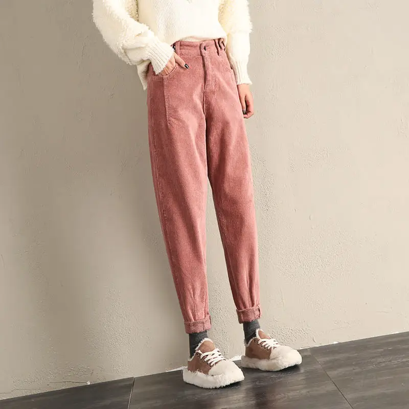 Вельветовые брюки женские осенне-зимние брюки женские свободные шаровары с высокой талией хлопковые черные брюки женские Pantalon Femme C5866 - Цвет: pink pants