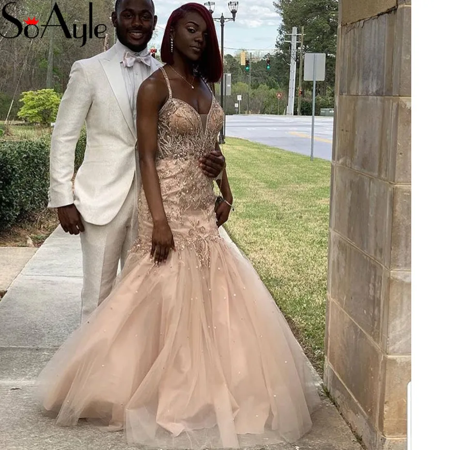 SoAyle Halter Evening Dress Mermaid Lace Beading Crystals Prom Gowns for Women robe de soiree Africa Fashion Gowns