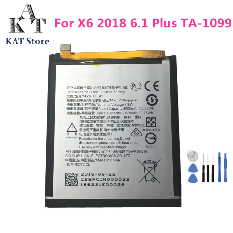 HE342 3060 аккумулятор для телефона, мАч для Nokia X6 6,1 Plus TA-1099 Замена батареи высокого качества AAA+ Инструменты
