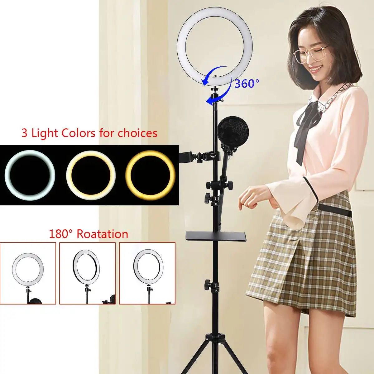 

LED Ring Light Dimmable 2800-6500K bluetooth Double Phone Holder Photographic Photo Selfie Makeup Live 26cm 16cm USB Port