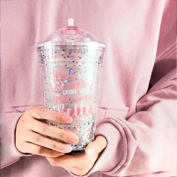 

420ml Summer Plastic Water Bottle Children Kids Drinking Bottle with Straw Tour Portable Lady Bling Drinking Bottles