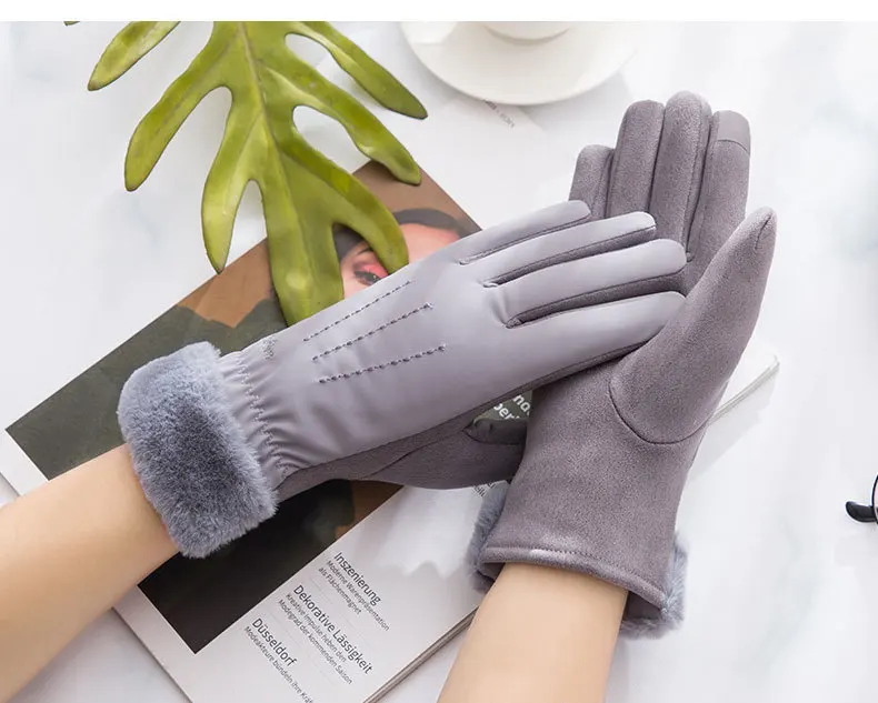 Girls Suede Gloves Cotton Fleece Warm Velvet Mittens Rider Driving Mittens Girl Touch Screen Luva Feminina Lace Flower Gloves