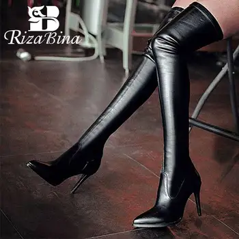 

RIZABINA Real Leather Women Over The Knee Boots Sexy Pointed Toe Thin High Heel Shoes Autumn Winter Warm Shoes Women Size 33-42