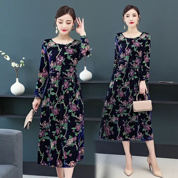 

2020 Spring Autumn Velvet Jacquard Women Vestido Midi Dress Retro Print Plus Size 4xl Fashion Elegante Middle Aged Warm Dresses