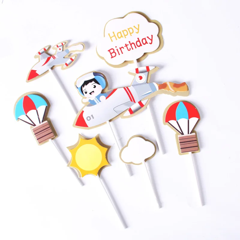 Happy Birthday Cake Topper Pilot Plane Car Tree Clouds Anniversaire Decor Flag Party Baking Supplies Cupcake Toppers Baby Shower images - 6