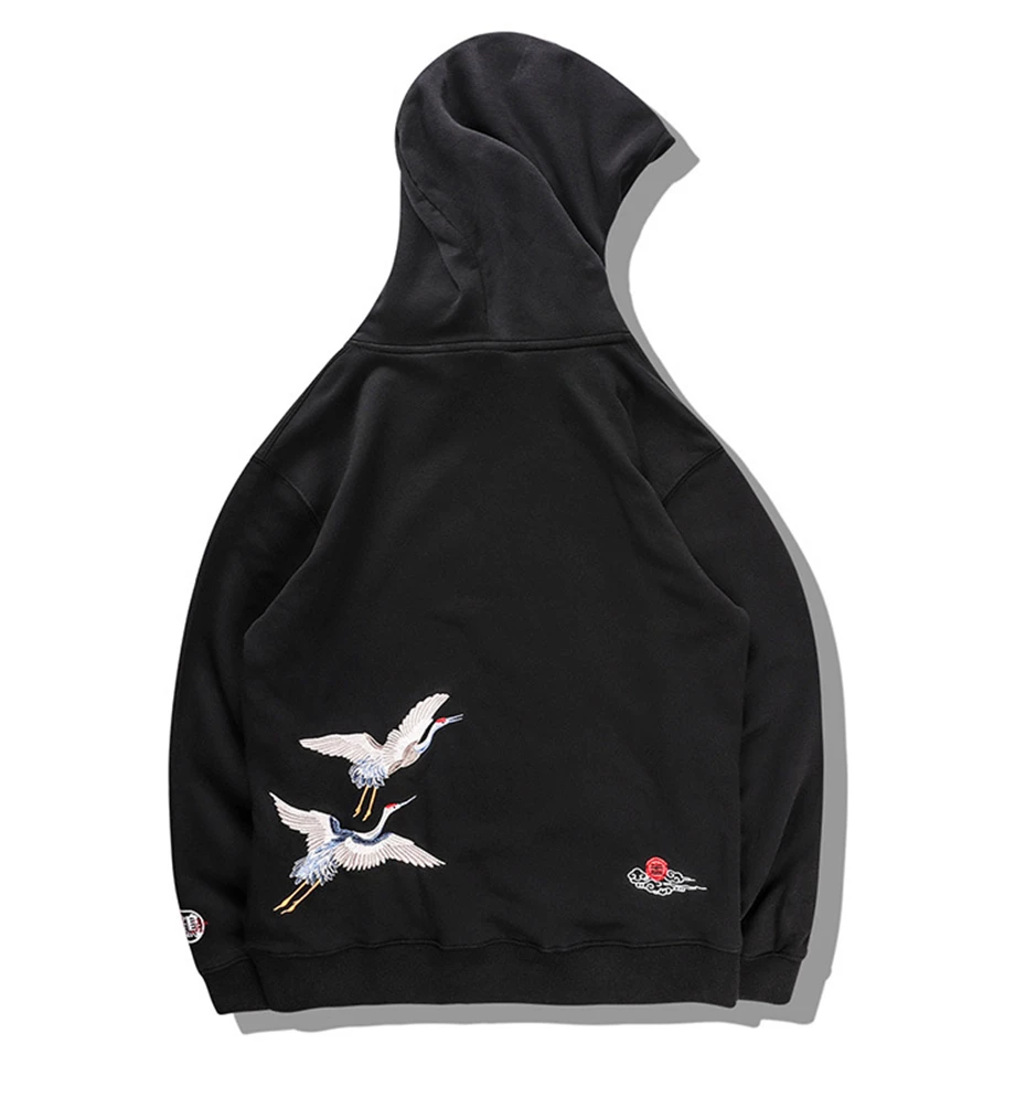 New Embroidered Crane Hoodies Sweatshirts Men Harajuku Printed Hip Hop Pullover Hoodie Streetwear Tops Male Black WO025