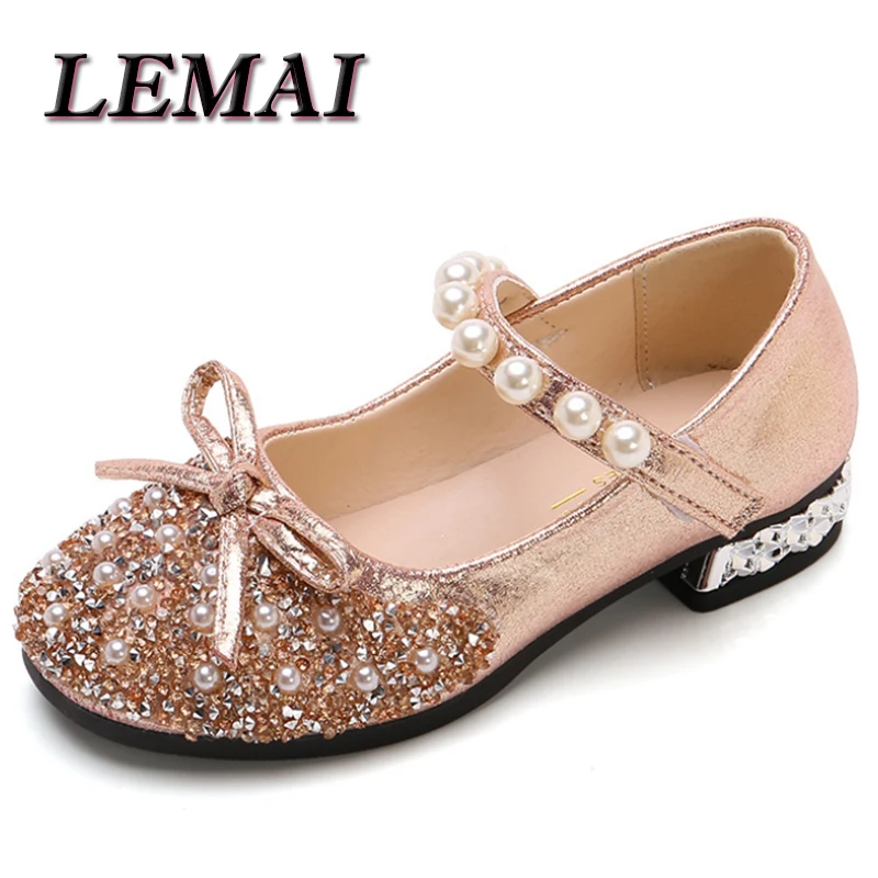 Zapatos de verano para niñas, zapatillas femeninas planas con cuentas de Mary Janes, de princesa brillante, zapatos de baile para bebés, sandalias para niños, zapatos de boda dorados