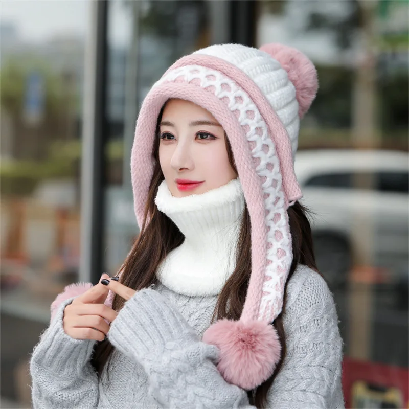 2021 Woolen Hat Women Winter Ear Protection Knitted Hat Bib Two-piece Plus Velvet Warm and Windproof Cycling Hat 