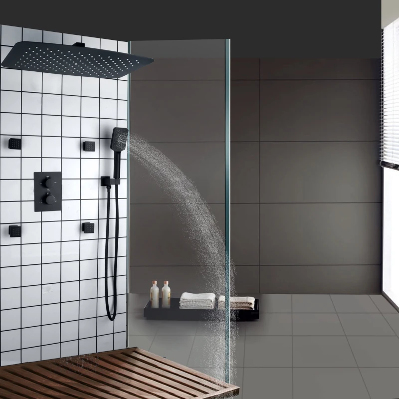 

Matte Black Shower Faucets 55X35 CM Bathroom Thermostatic Massage Shower Set With Three-Function Handheld Sprinkler