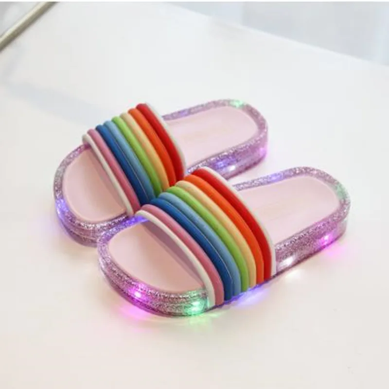 

PVC Non-slip Rainbow Beach Sandals Kids Home Bathroom Footwear Luminous Jelly Summer Children's LED Slipper Girls Slippers