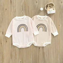 Spring Autumn Baby Girls Boys Playsuit Toddlers Sweet Style Creative Rainbow Printing Long Sleeve Round Collar Jumpsuit Romper