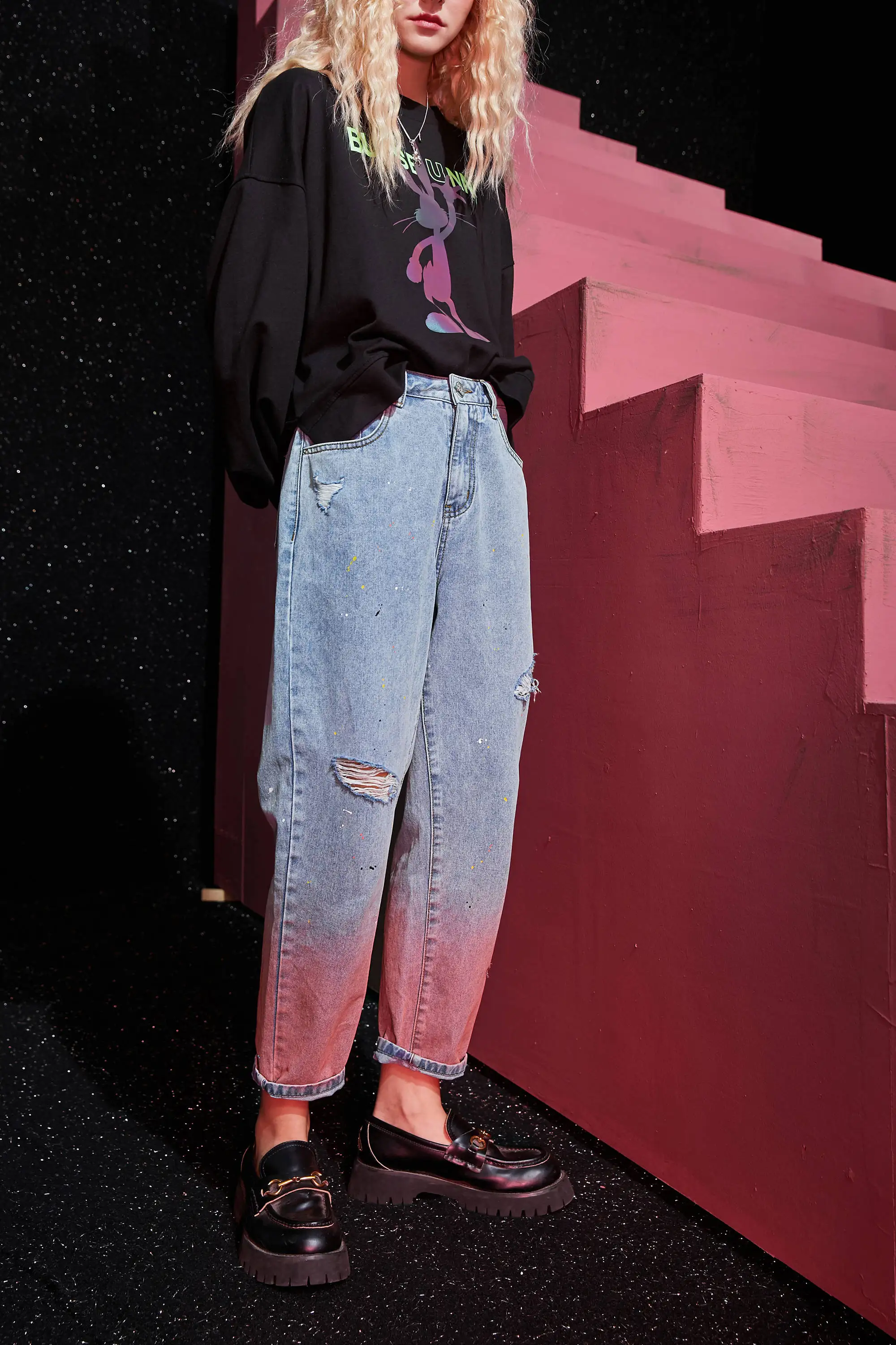 ELFSACK Pink Gradient High Waist Washed Casual Women Denim Jeans,2020 Autumn ELF Ripped Hole Korean Female Daily Basic Trousers