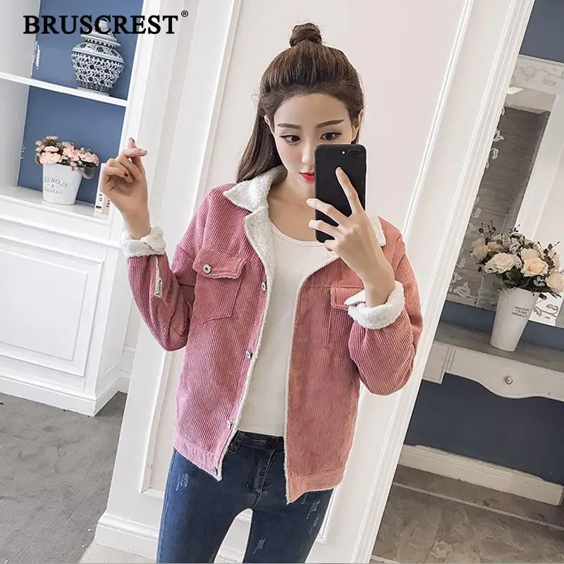 

Corduroy basic jacket lambswool bomber jacket women long sleeve jacket casual single breasted pink jacket
