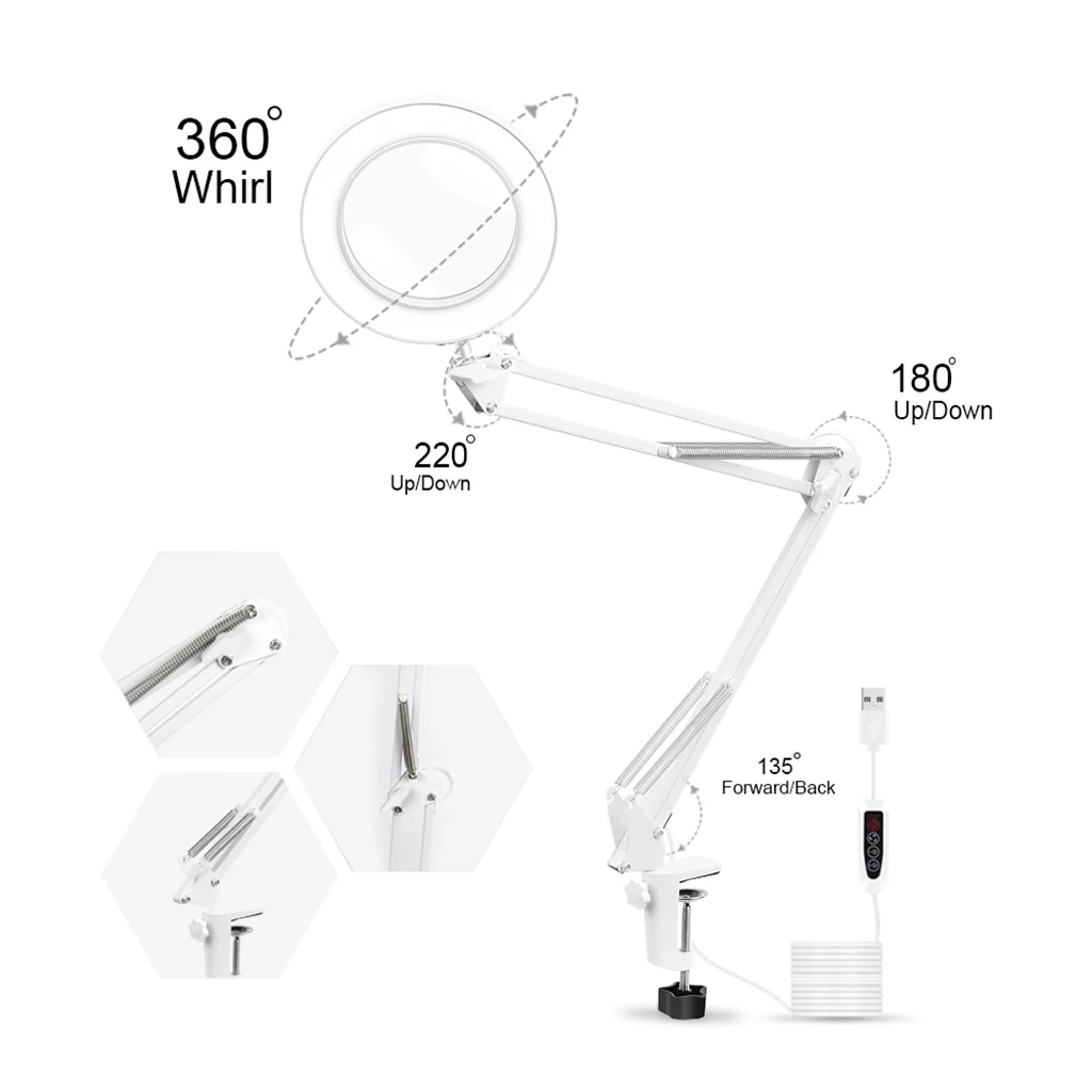 5X Clamp-on Magnifying Glass Lamp USB LED Lamp Magnifier with 3 Modes Dimmable
