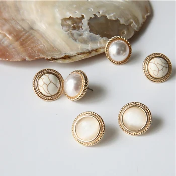 

New Vintage Round Marble Opal Stone Big Stud Earrings Women Fashion Temperament Gold Ear Stud Circle Pearls Stone Jewelry