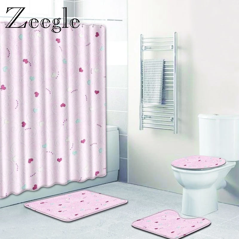 Zeegle Shower Curtain and Bath Mat Set Anti Slip Bathroom Shower Mat Toilet Pedesatl Rug Absorbent Washable 4pcs Toilet Set