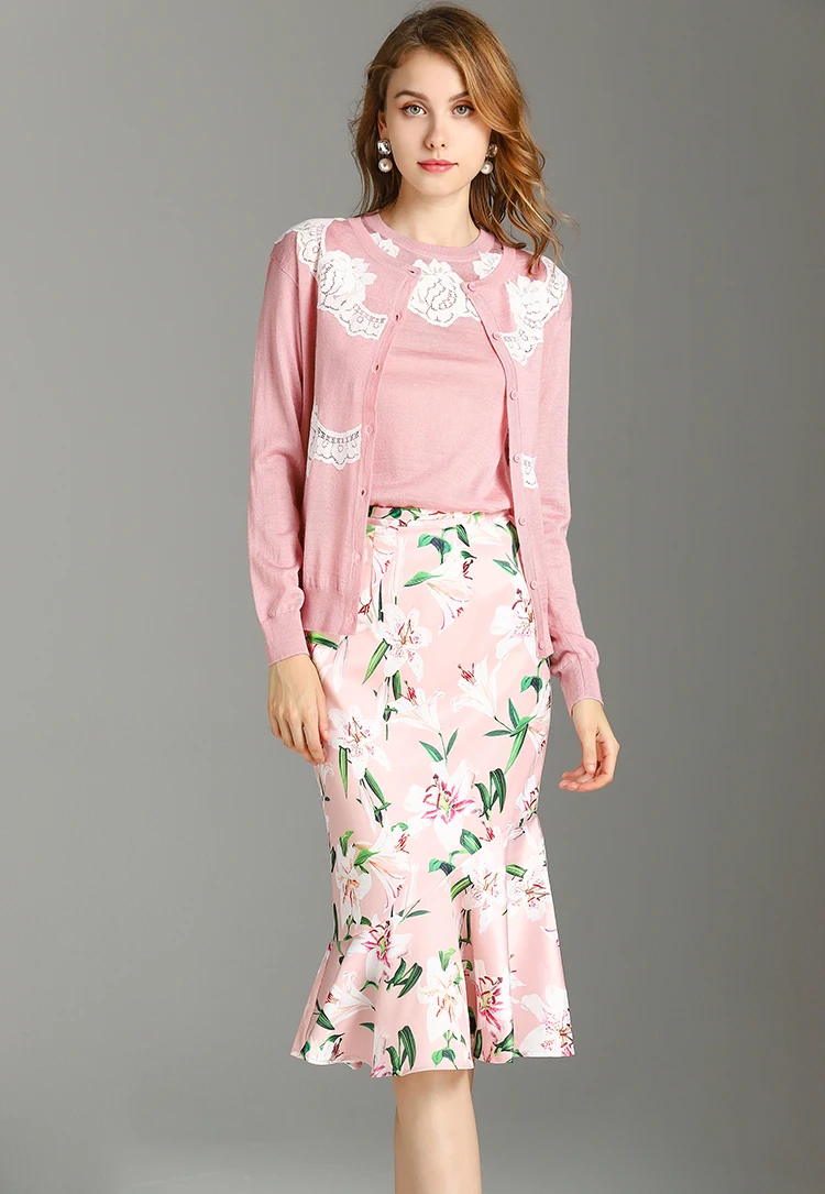 MoaaYina модный дизайнерский костюм весна лето женская кружевная шерстяная футболка с длинными рукавами+ Топы+ юбка русалки костюм из трех предметов