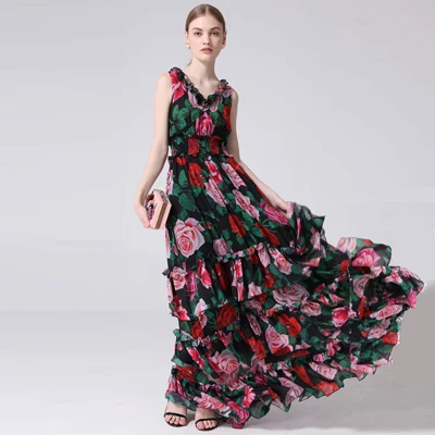 COLOR Runwaybox подиумное летнее женское сексуальное платье с цветочным принтом и v-образным вырезом с эластичной резинкой на талии, длинное платье макси, женское платье в стиле бохо, нарядное платье - Цвет: COLOR