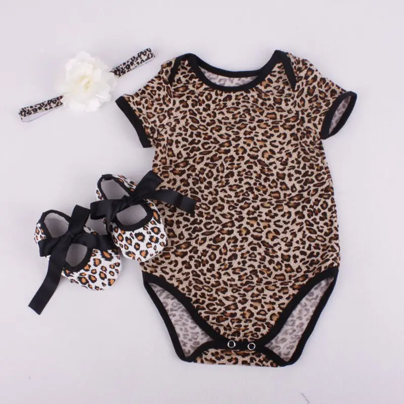 Summer Newborn Baby Girl Clothes Floral Leopard Romper Short Sleeve Jumpsuit+Shoe+Hairband 3Pcs Outfits Set