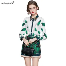 Aliexpress - Fashion Summer Runway 2Piece Matching Set for Women Turn Down Collar Green Leaf Print Blouse and Shorts Suit Office Lady Outfits