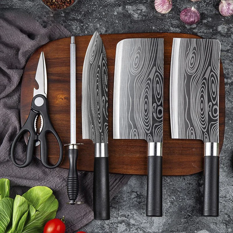 6Pcs Kitchen Knife Set Damascus Pattern Chop Bone Utility Meat Cleaver Steak Sharpener Scissors Tool Holder | Дом и сад