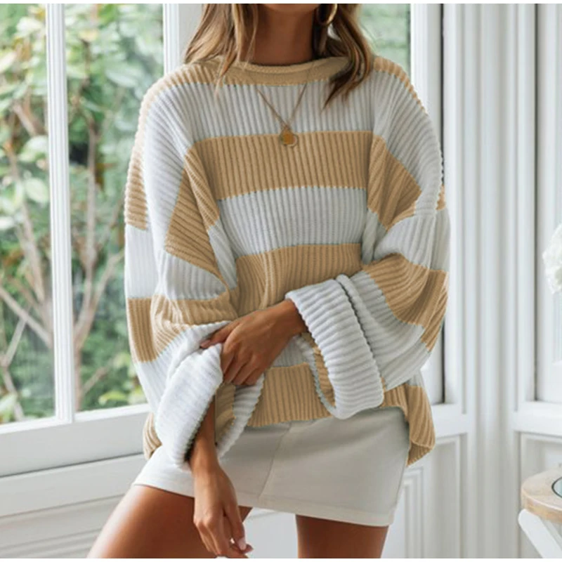 Женский зимний свитер, пуловер в полоску с круглым вырезом, свободные свитера для женщин, новинка, весенние женские джемперы