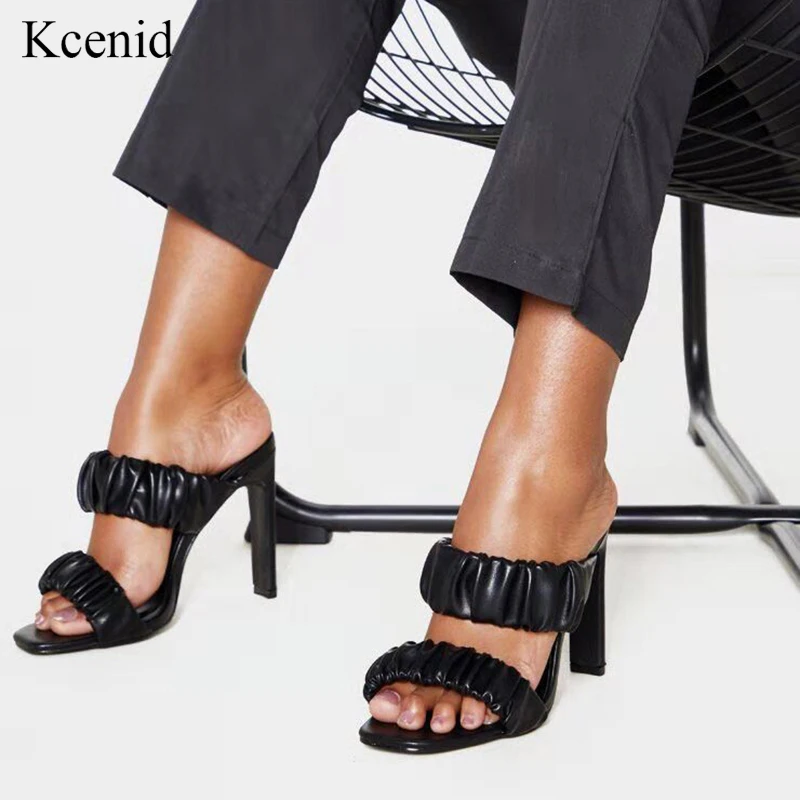 Kcenid; пикантные женские шлепанцы со складками и квадратным носком; летняя модная обувь на высоком каблуке для вечеринки; сандалии-гладиаторы; женская обувь; Цвет Черный