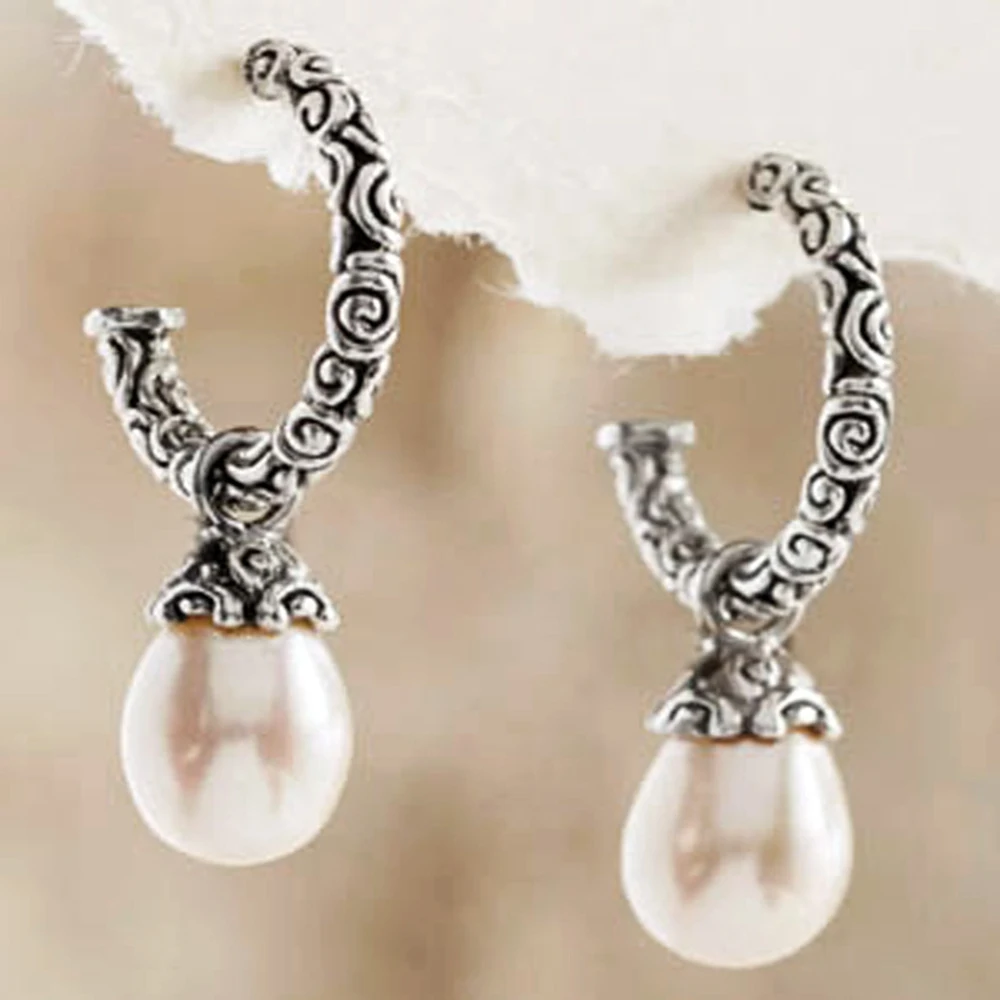 

Vintage Silver Pearl Earrings Women Classy Ear Hook Dangle Drop Jewelry For Weeding