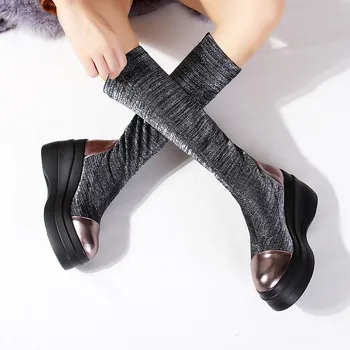 

2018 Autumn Stretch Stocking Mid Calf High Platform Punk Boots Wedges Creepers Long Knight Ridding Boots Gothic Shoes