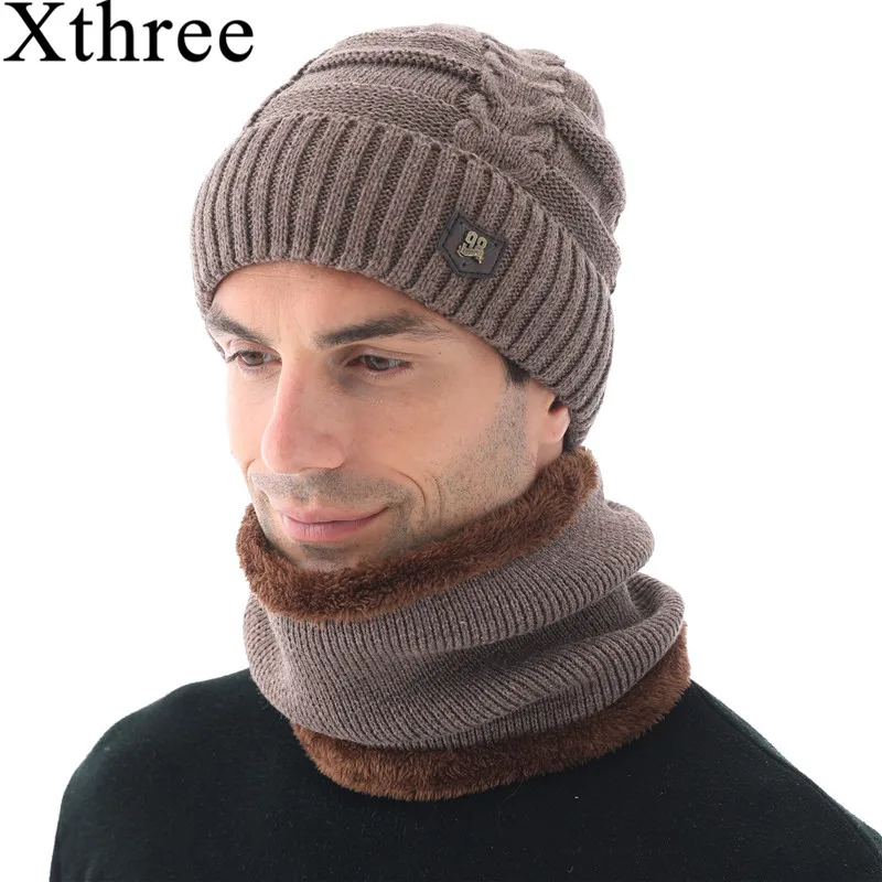 hat scarf set kakhi Xthree зимняя шапка для мужчин вязаные шапочки шерстяные вязаные шапки шарф с подкладкой мужские шапочки зимние шапочки - Цвет: hat scarf set kakhi