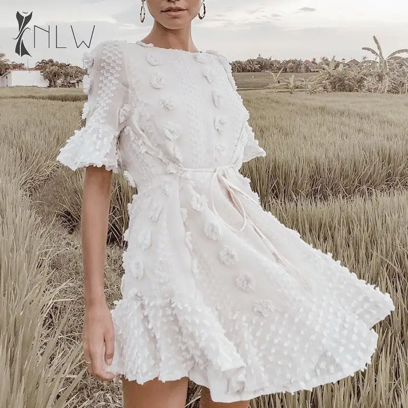 

NLW Women 2019 Autumn Winter Fashion White Embroidery Lace up Short Dress Casual Elegant Ruffle Mini Dress Long Sleeve Vestidos