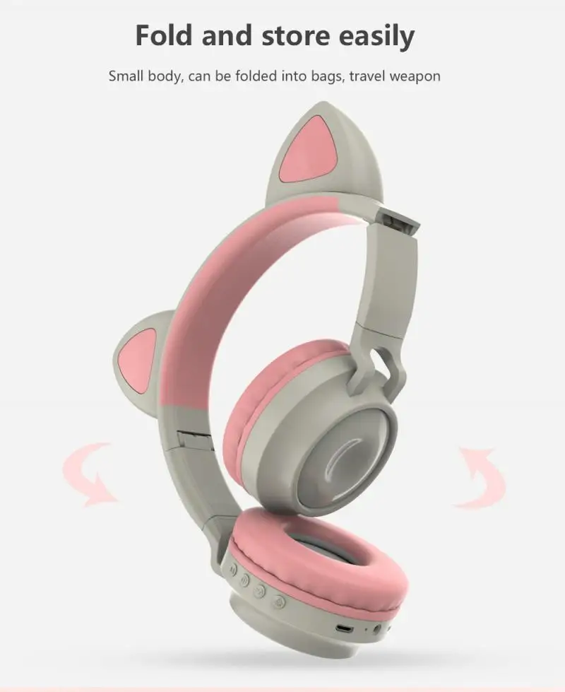 tws Portable Wireless Cat Ear Headphones Bluetooth Headset with mircophone USB LED Music Earphone Kids earbuds cute wireless TWS