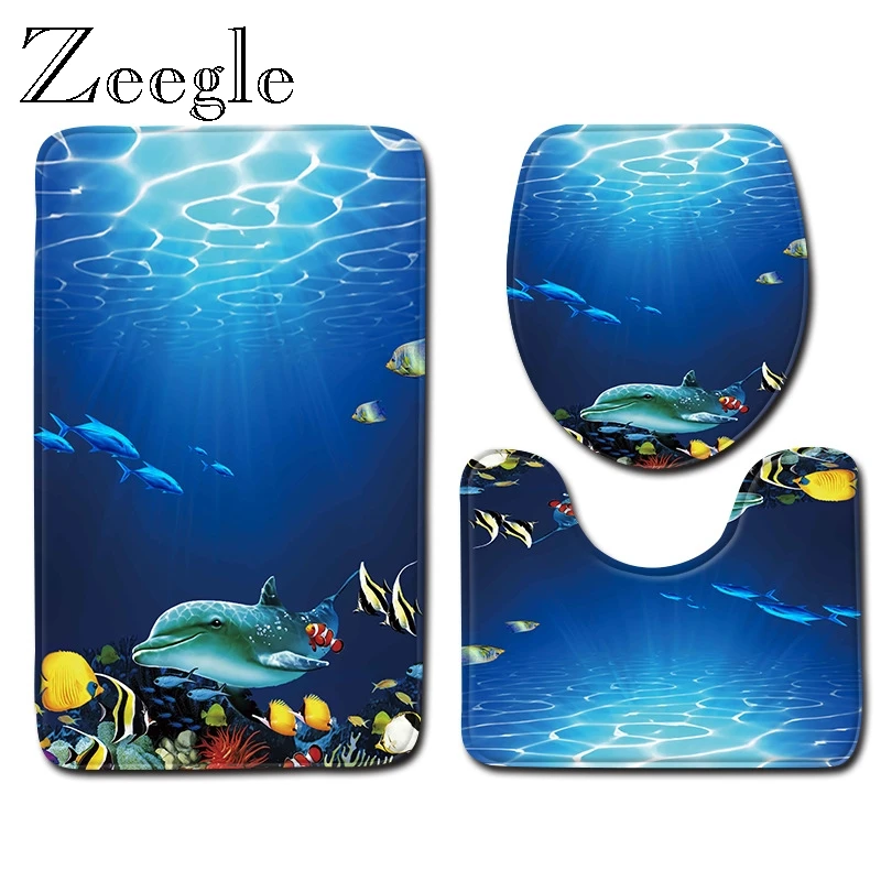 Zeegle New Ocean World Bath Mat Set 3D Print Shower Mat for Toilet Decor Washable Foot Rug Lid Toilet Cover Bathroom Modern Rug