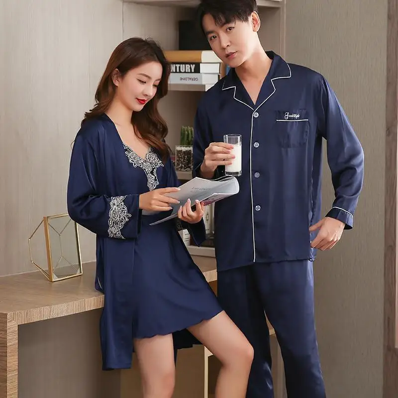 Lovers Couple Silk Pajamas Men Male Long Sleeve Sleepwears Pyjama 2pc Set Home Clothes Pijamas Para Parejas Shirt Trousers Pants