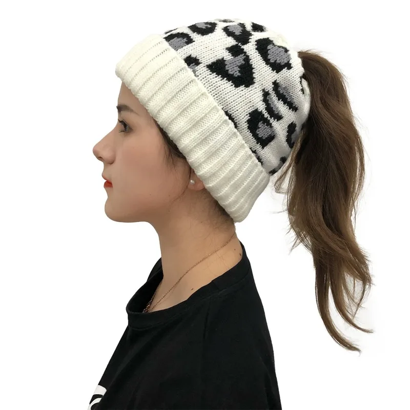 Women Casual Knitted High Ponytail Beanie Hat Lady Autumn Winter Cap Leopard Print Fashion Thick Warm Female Outdoor Sport Hats 5