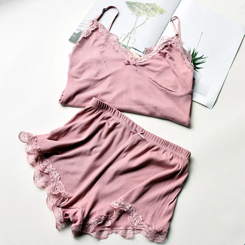 Two Piece Cotton Pajamas Set for Women Sexy Lace Top And Shorts Pajama Sets Spaghetti Strap Sleepwear High Elastic Woman Clothes women pajamas set women pajama suit cotton pajamas set
