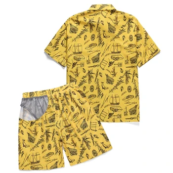 

Men beach shirt minus fashion suit sea boat pattern digital printing brushed loose British shirt youth shorts for men