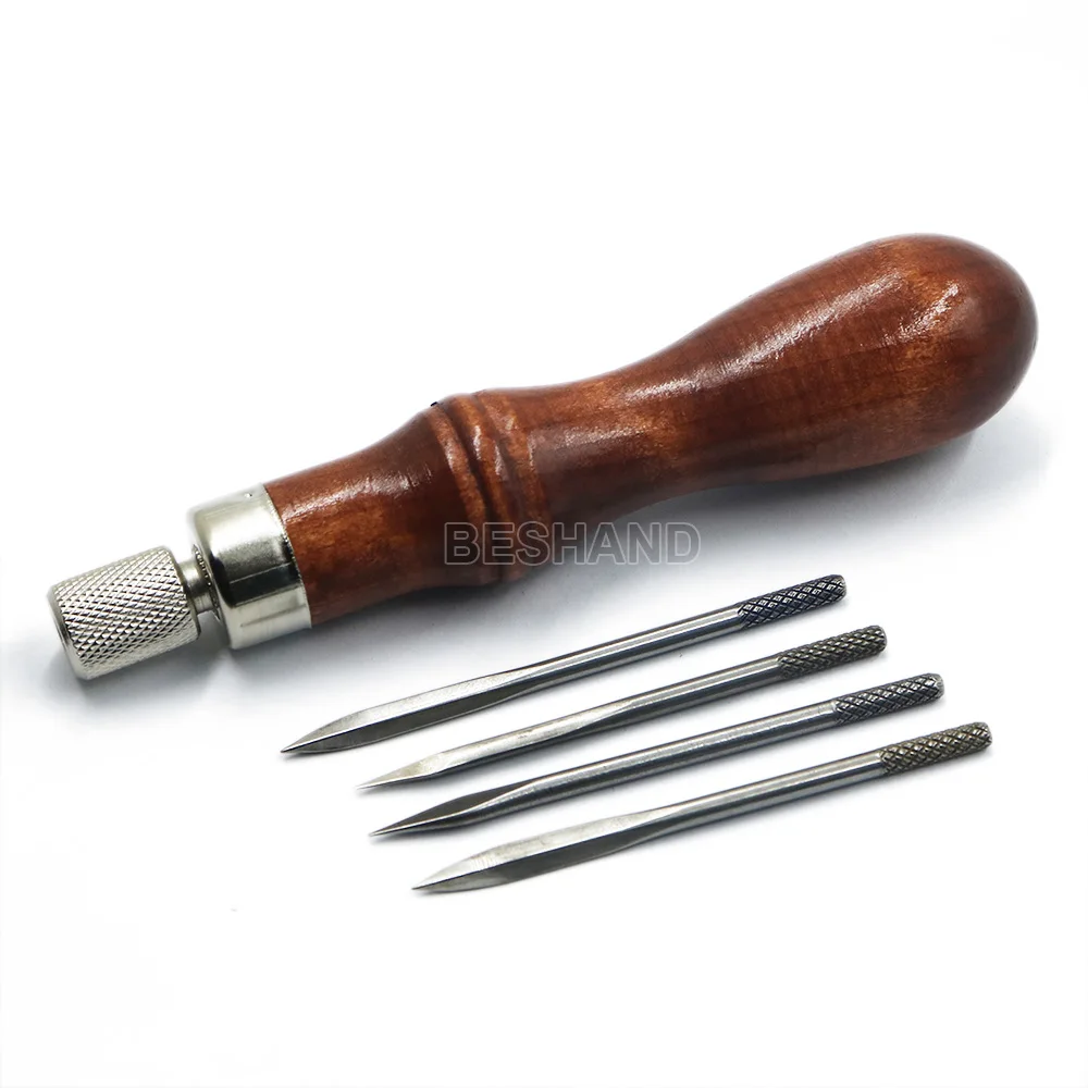 Leather Craft Awl tool Kit 4 in 1 Diamond Awl Pricking Iron wood Handle Leather Sewing Lacing Stitching Drilling Holes