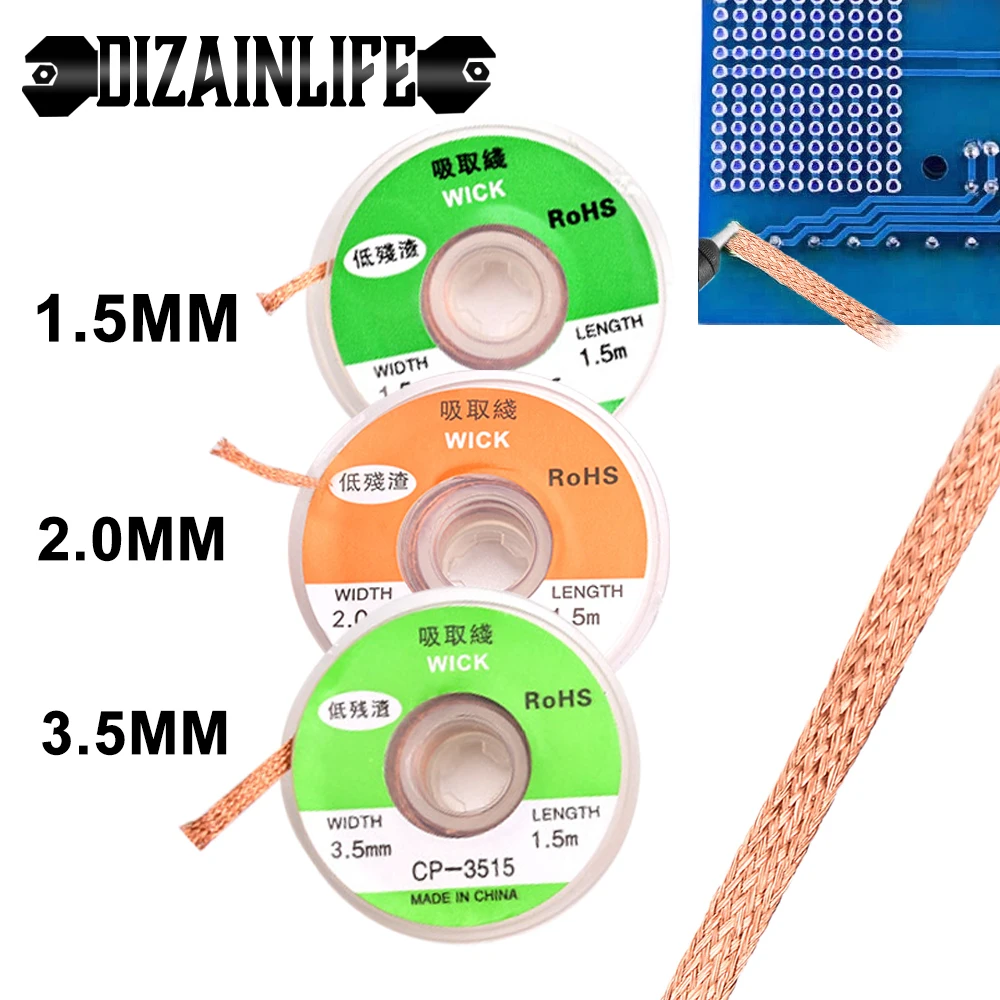 Cable de soldadura de 1,5mm, 2mm, 3,5mm de ancho, 1,5 M de longitud, soldadura trenzada, removedor mecha para, cable de plomo, herramienta de reparación de BGA de flujo