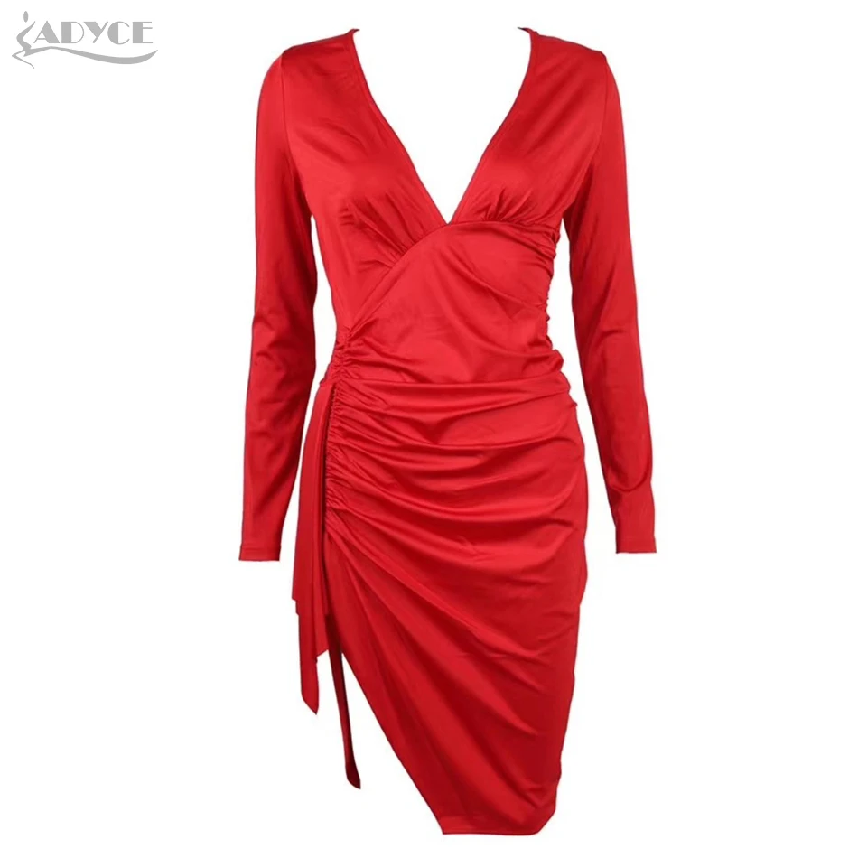 Adyce новое зимнее ДРАПИРОВАННОЕ Клубное платье с длинным рукавом женское сексуальное красное платье с глубоким v-образным вырезом миди вечернее платье в стиле знаменитостей