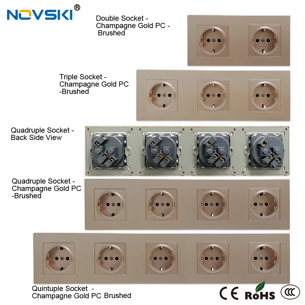 

Champagne Gold Brushed Wall Socket Quintuple Frame German Plug Grounded, 16A Electrical Socket PC Panel, 15 Years Warranty