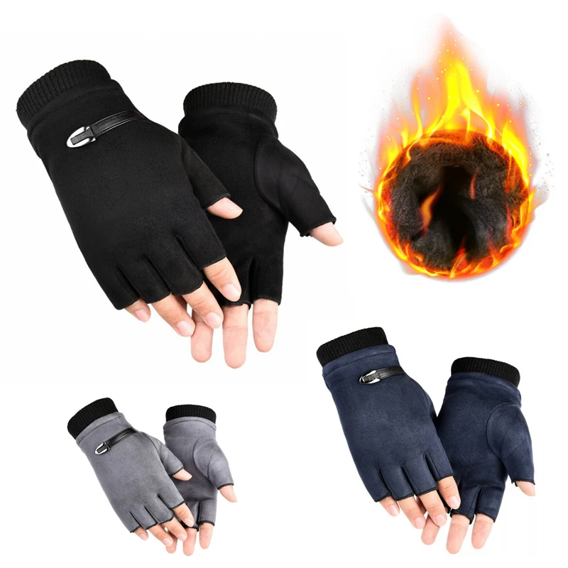 

Suede half finger men's plus velvet thick warm riding gloves