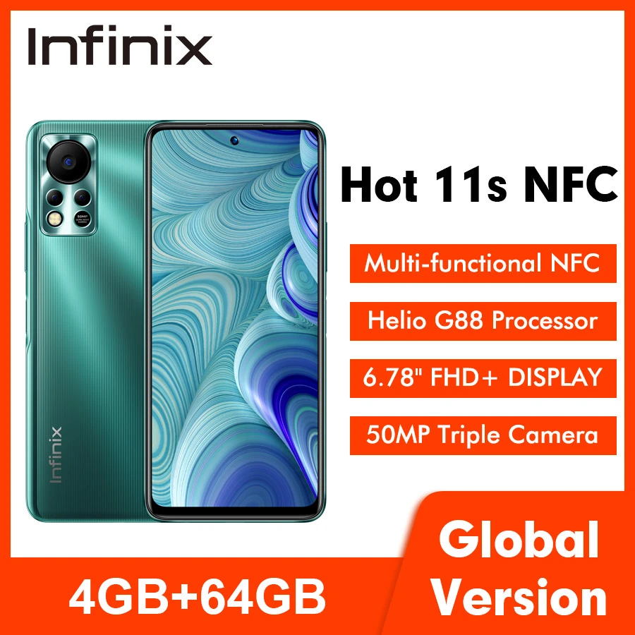 Global Version Infinix hot 11S 4GB 64GB Smart Phone 6.78''FHD+ 5000mAh Battery 50MP Camera Helio G88 NFC Moblie Phone latest infinix