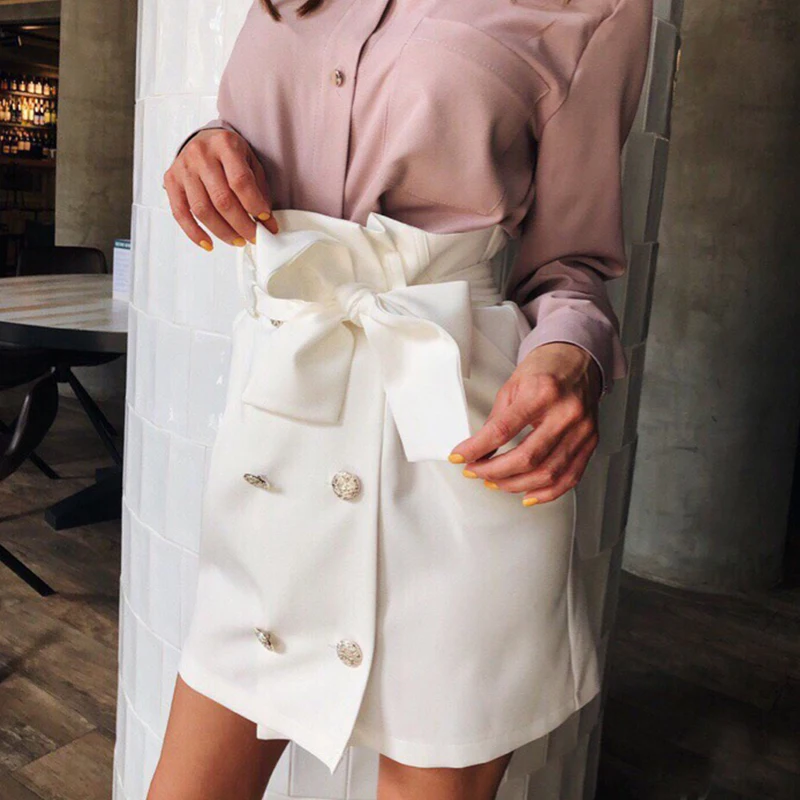 white Women High Waist Bow Sashes Mini Short Skirts Office Ladies Elegant Solid Skirts New Fashion Autumn Button Women Skirts - Цвет: white