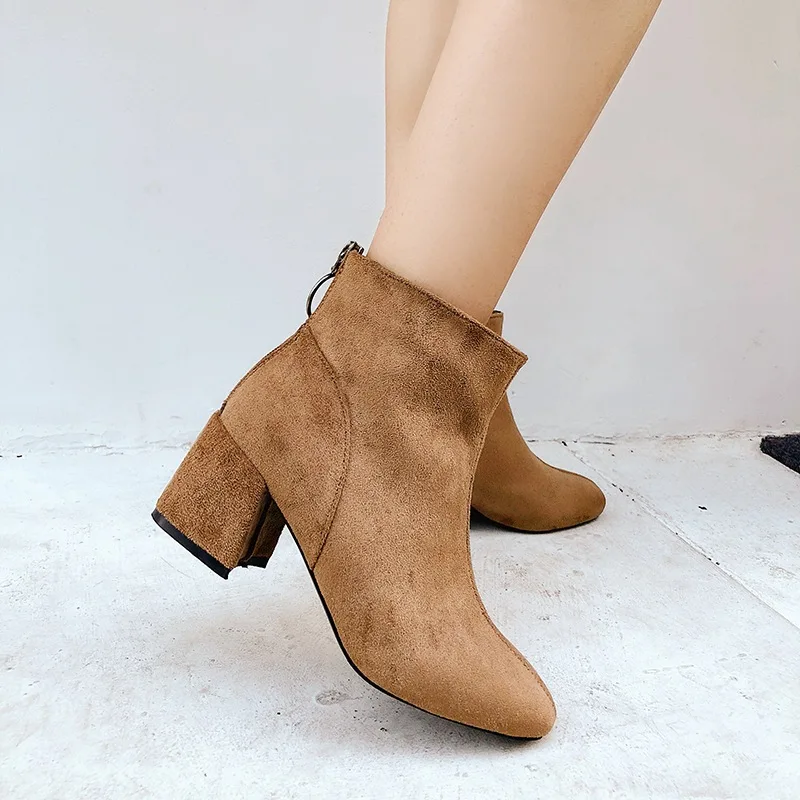 

2019 Autumn And Winter New Style Chunky-Heel Short Boots Retro Suede plus Velvet Warm WOMEN'S High Heels Versatile Short Martin