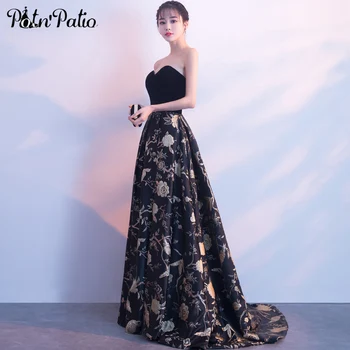 

Sexy Strapless Black Evening Gowns With Train 2020 New Printed Flower Satin Long Women Formal Dresses For Evening Prom