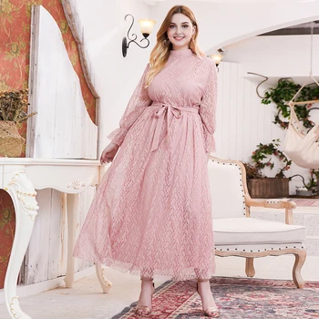 

Siskakia Sweet Pink Lace Elegant Long Dress Plus Size Mandarin Collar Flare Long Sleeve Maxi Dresses Evening Party Spring 2020