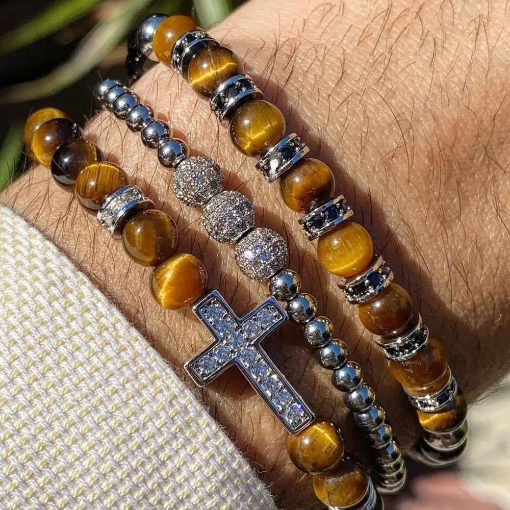 New Luxury CZ Pave Cross Charm Natural Stone Tiger Eye Beaded Macrame Friendship Adjustable Bracelet Set Men
