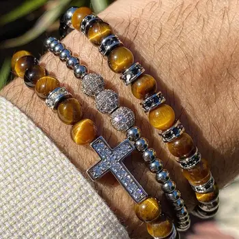 New Luxury CZ Pave Cross Charm Natural Stone Tiger Eye Beaded Macrame Friendship Adjustable Bracelet Set Men